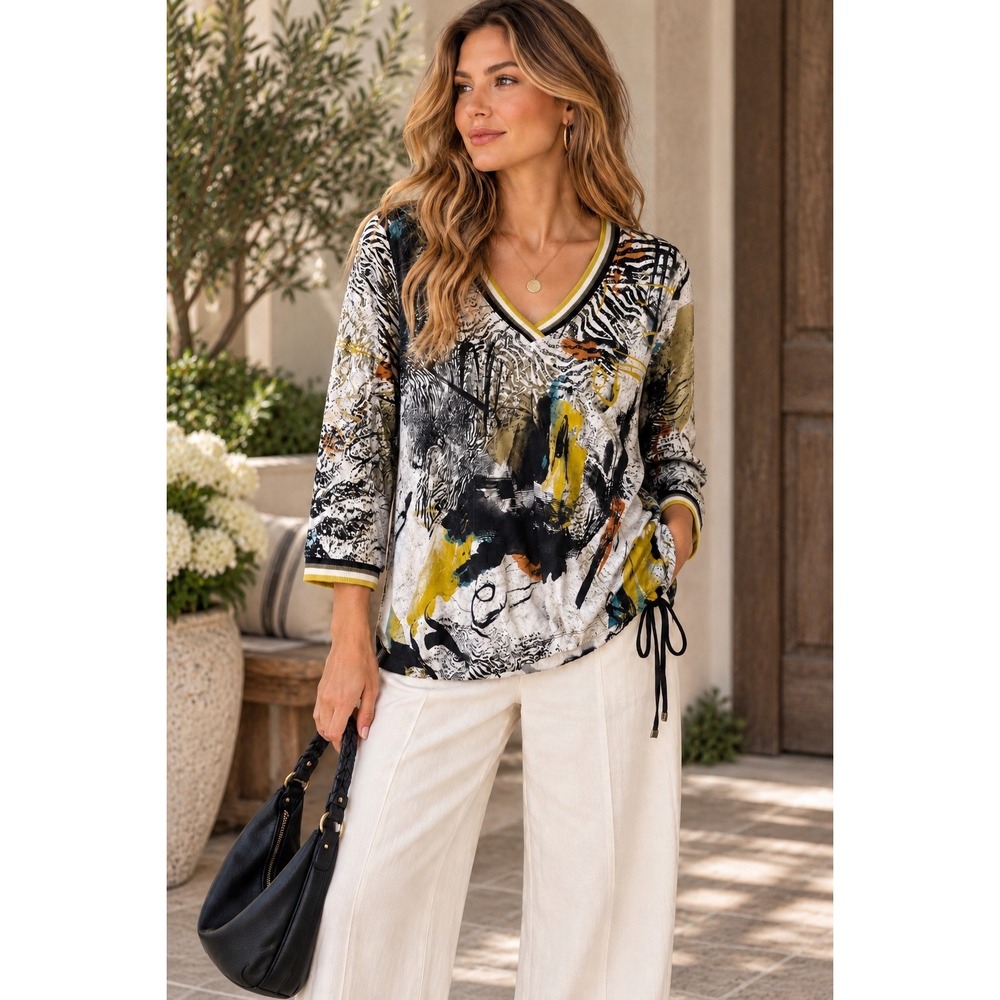 Dolcezza Simply Art Top Womens L Abstract Zebra Print V Neck Art To Weat